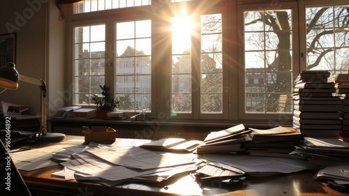 office with sun, clear windows, AI Generative photo