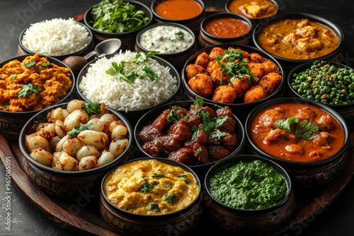 A spread of Indian dishes, including curries, rice, and vegetables.