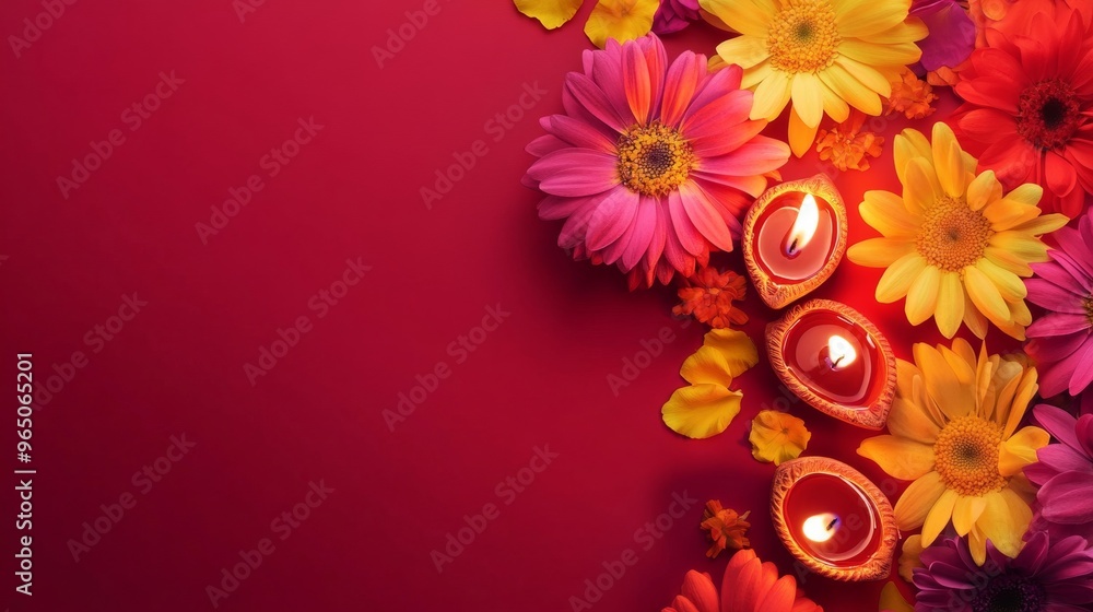 Diwali diya oil lamps with flowers holiday background. Creating a festive and decorative composition. Diwali diya oil lamps with flowers holiday background. Creating a festive and decorative composition.