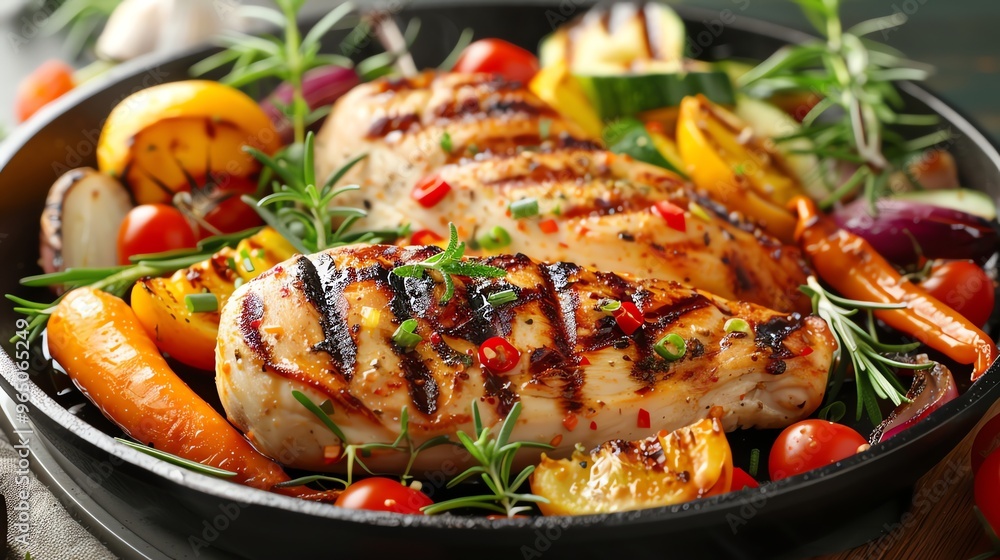 A close-up of grilled chicken breast with roasted vegetables. A close-up of grilled chicken breast with roasted vegetables.
