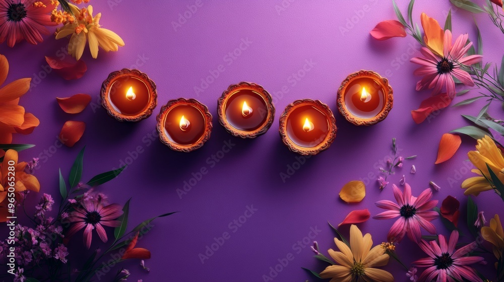 Diwali diya oil lamps with flowers holiday background. Creating a festive and decorative composition. Diwali diya oil lamps with flowers holiday background. Creating a festive and decorative composition.