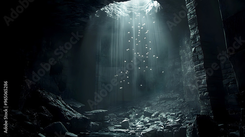 Wallpaper Mural dark, enigmatic room, with a hole above that lets stones fall, the quiet sound of each impact breaking the heavy silence that fills Torontodigital.ca