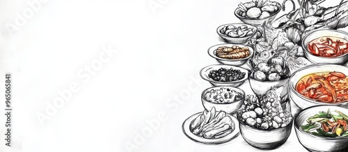 sketches of various food menus lying on the table form a blank space for the design of decorative frames, cards, backgrounds, banners and posters