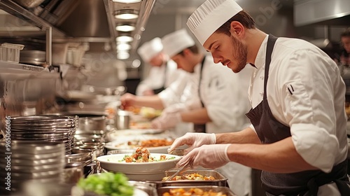 Chef plating food in a professional kitchen setting
