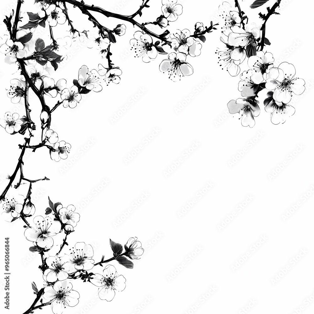 Fototapeta premium Black and White Cherry Blossom Branch Border 