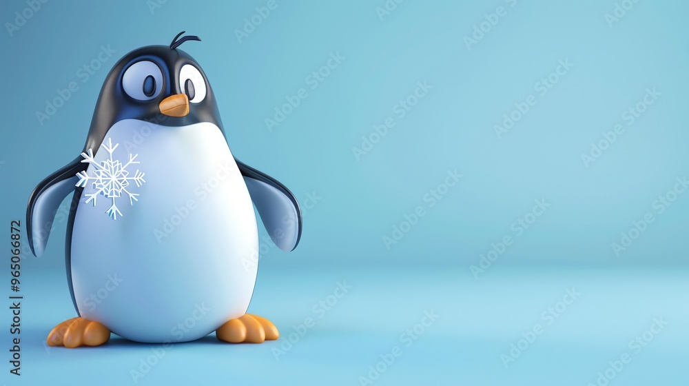Obraz premium A cute cartoon penguin holding a snowflake on a blue background.