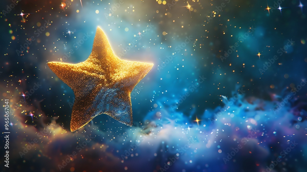 A golden star against a blue, starry sky with clouds. A golden star against a blue, starry sky with clouds.