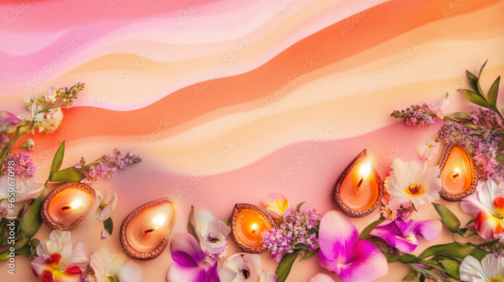 Diwali diya oil lamps with flowers holiday background. Creating a festive and decorative composition. Diwali diya oil lamps with flowers holiday background. Creating a festive and decorative composition.
