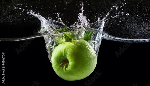 Green apple falling into water until water splashes on black studio background.