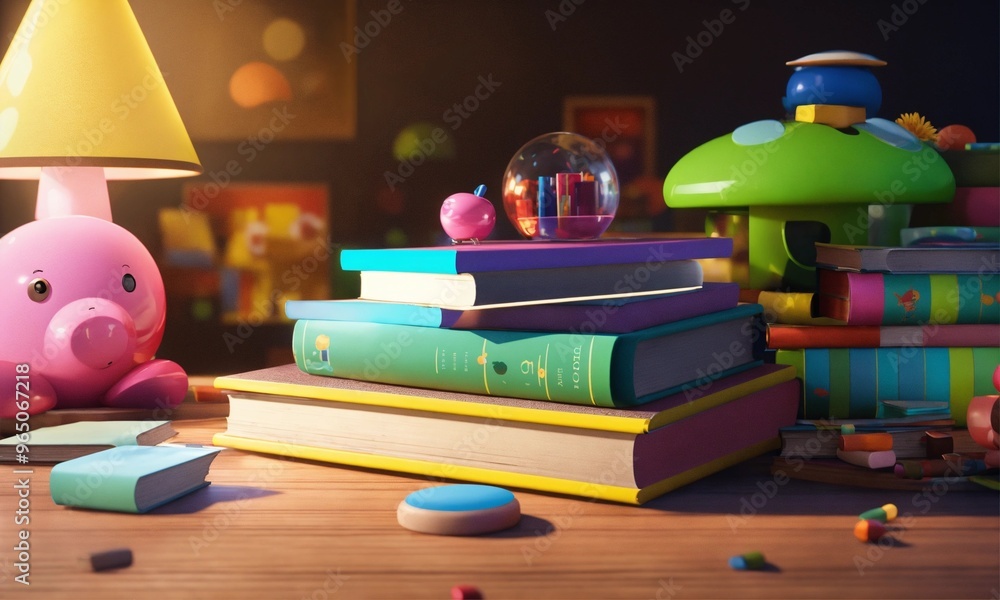 educational books over a table, black background, cute, 8k, unreal engine, perfect, bright colors, funny, safe, secure educational books over a table, black background, cute, 8k, unreal engine, perfect, bright colors, funny, safe, secure