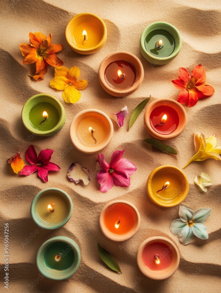 Diwali diya oil lamps with flowers holiday background. Creating a festive and decorative composition. Diwali diya oil lamps with flowers holiday background. Creating a festive and decorative composition.