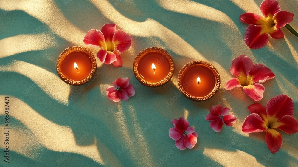 Naklejka premium Diwali diya oil lamps with flowers holiday background. Creating a festive and decorative composition.