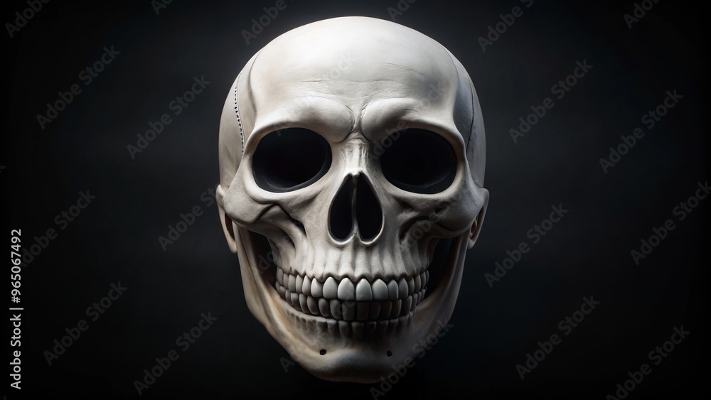Eerie white skeleton mask with stark black eye sockets and sharp teeth lurking in the shadows of a Eerie white skeleton mask with stark black eye sockets and sharp teeth lurking in the shadows of a