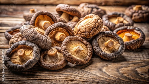 Dried shiitake mushrooms scatter across a rustic wood surface, weaving together a tapestry of earthy tones and