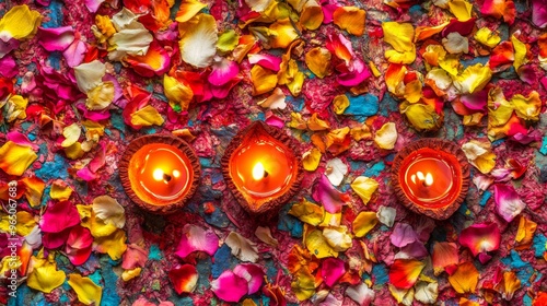 Diwali diya oil lamps with flowers holiday background. Creating a festive and decorative composition.