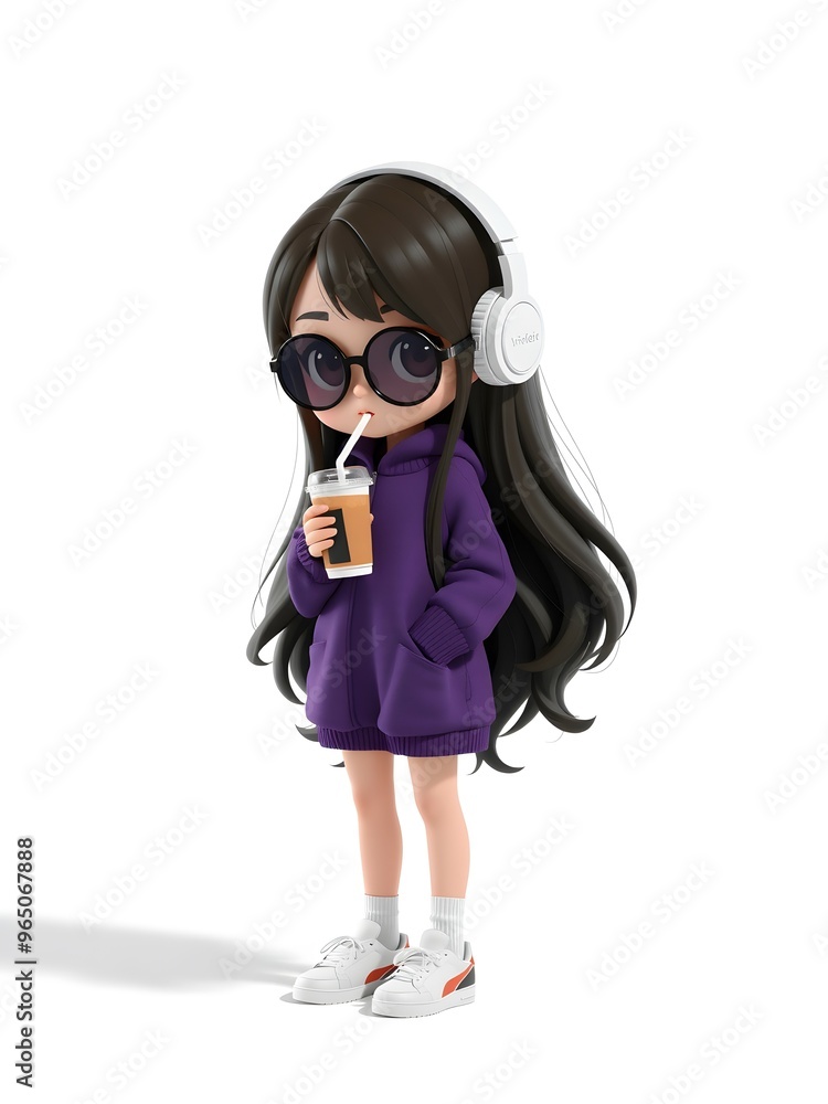 3d anime or chibi girl wearing headphones and holding a drink, 3d anime or chibi girl wearing headphones and holding a drink,