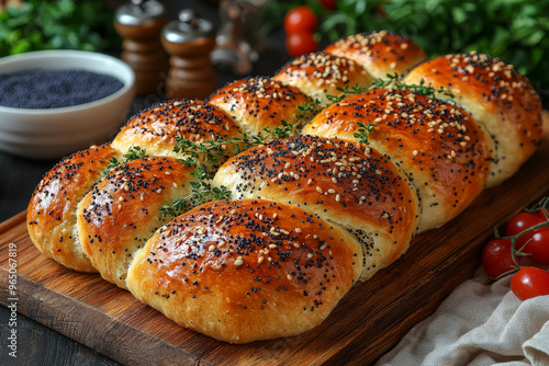 Freshly baked bread topped with poppy seeds and sesame seeds.