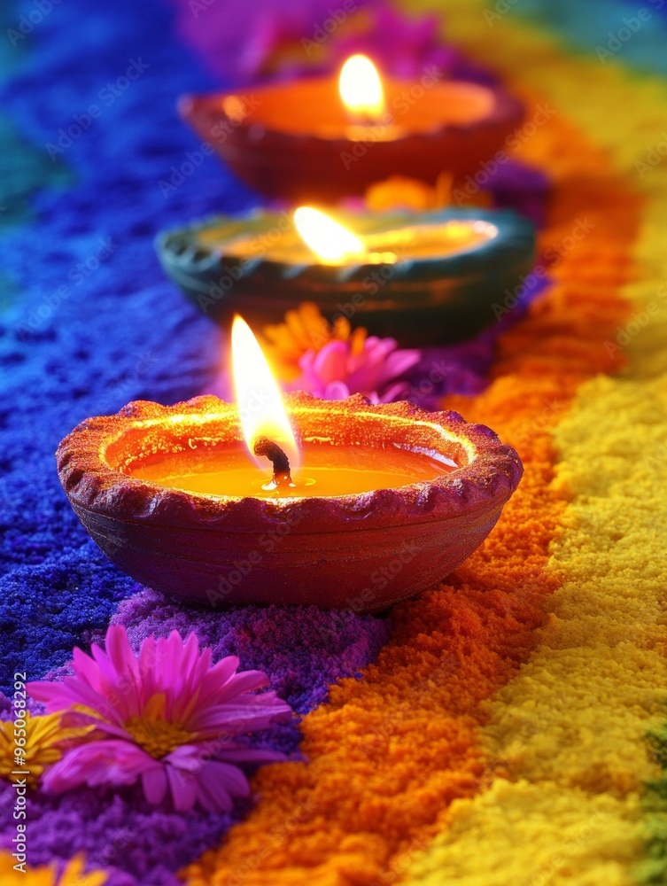 Diwali diya oil lamps with flowers holiday background. Creating a festive and decorative composition. Diwali diya oil lamps with flowers holiday background. Creating a festive and decorative composition.