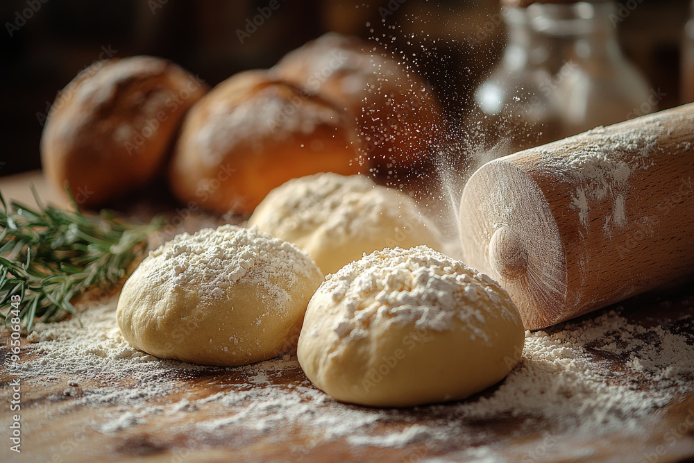 Fresh dough balls dusted with flour, ready for baking. Fresh dough balls dusted with flour, ready for baking.