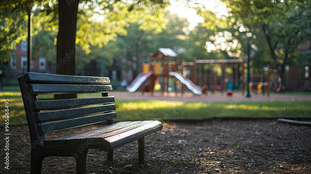 Park Bench Facing Playground with Sunlight Park Bench Facing Playground with Sunlight