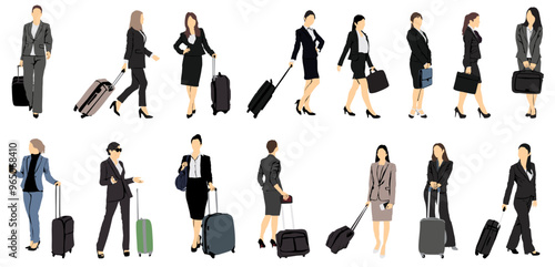 group  collection of Businesswomen with lugage isolated on white
