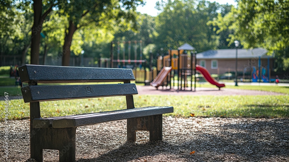Park Bench Facing a Children's Playground Park Bench Facing a Children's Playground