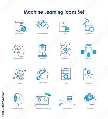Vector icon set for Advanced Machine Learning and Data Science Tools. A set of icons showcasing key elements like data processing, AI-driven platforms, task automation, and neural networks.