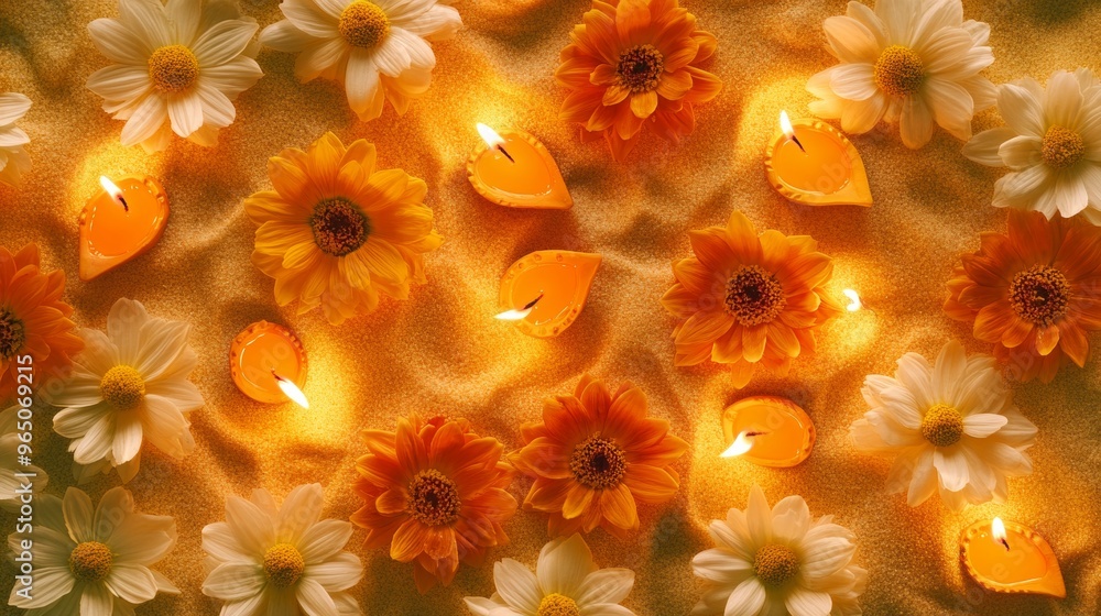 Diwali diya oil lamps with flowers holiday background. Creating a festive and decorative composition. Diwali diya oil lamps with flowers holiday background. Creating a festive and decorative composition.