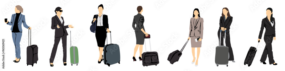 Businesswomen with lugage full isolated set collection Businesswomen with lugage full isolated set collection