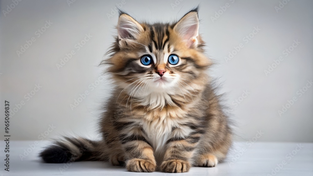 Fluffy kitten with distinctive tabby markings on fur, bright blue eyes shining like sapphires, and a bushy tail Fluffy kitten with distinctive tabby markings on fur, bright blue eyes shining like sapphires, and a bushy tail