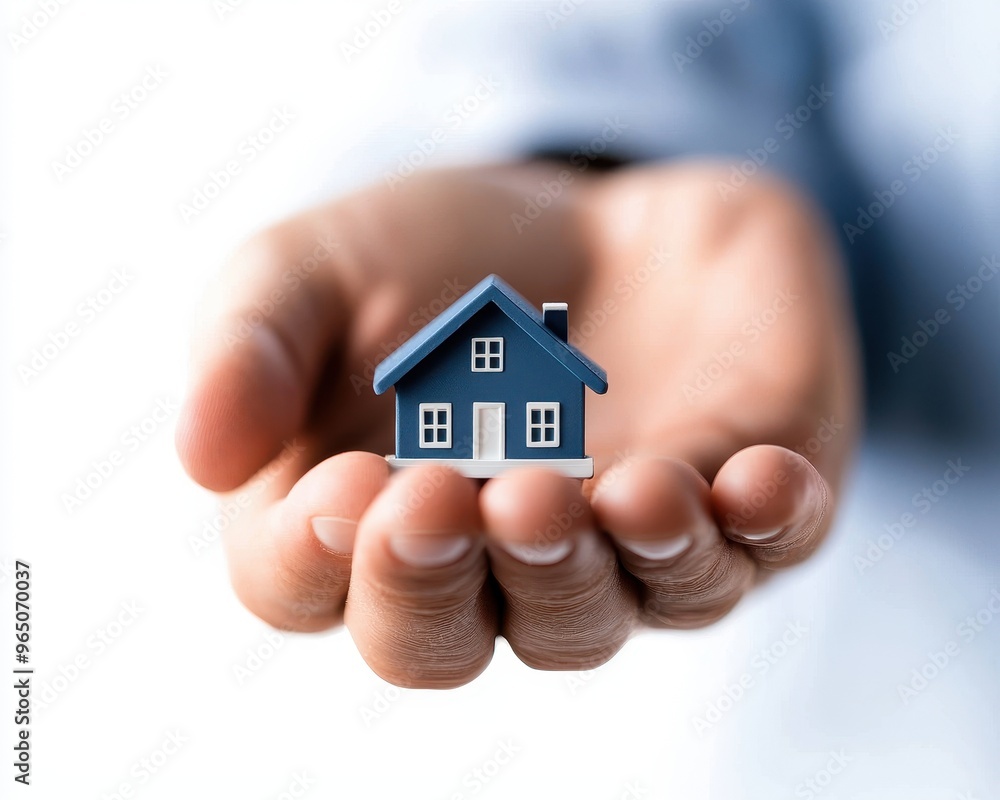 A hand holding a miniature house symbolizes home ownership, real estate, and the dream of owning a personal home. A hand holding a miniature house symbolizes home ownership, real estate, and the dream of owning a personal home.