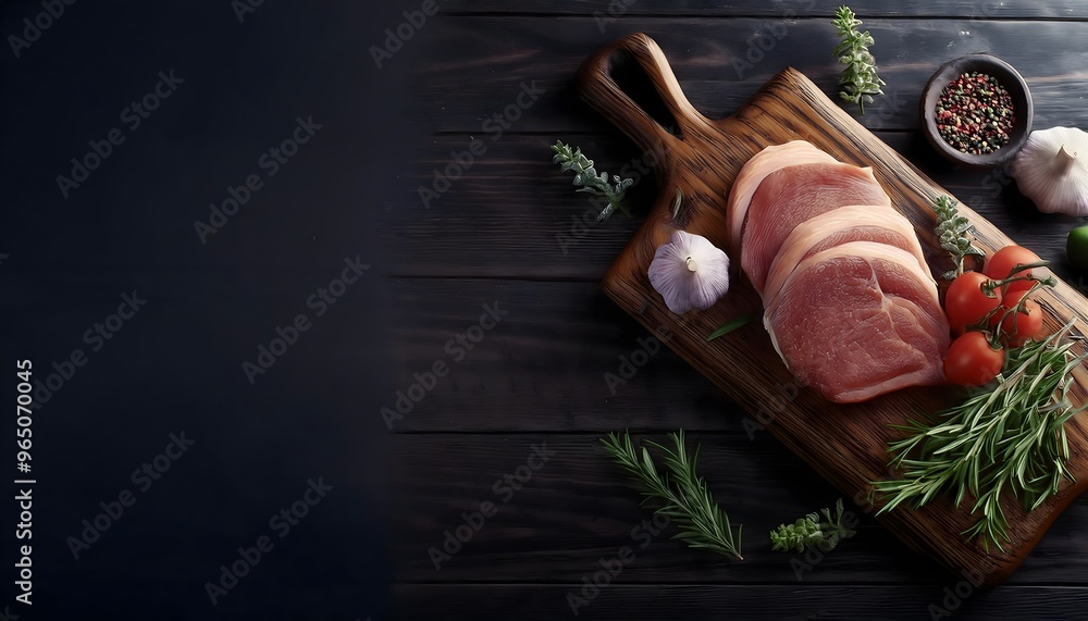 3d render of Wooden cutting board with meat, vegetables and herbs on a wooden table in the kitchen. 3d render of Wooden cutting board with meat, vegetables and herbs on a wooden table in the kitchen.