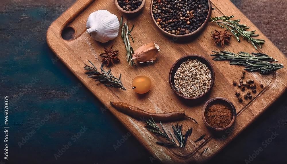 3d render of Wooden cutting board with meat, vegetables and herbs on a wooden table in the kitchen. 3d render of Wooden cutting board with meat, vegetables and herbs on a wooden table in the kitchen.