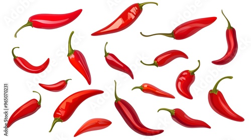 Vibrant Red-Hot Chili Peppers Flying Through the Air on a White Background. Perfect for Food, Culinary, and Spice-Themed Designs