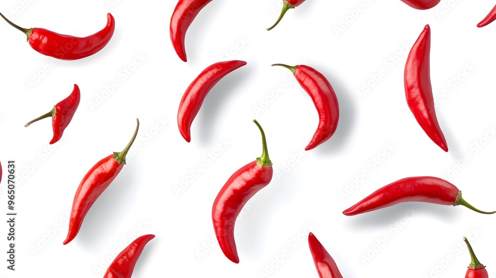 Vibrant Red-Hot Chili Peppers Flying Through the Air on a White Background. Perfect for Food, Culinary, and Spice-Themed Designs Vibrant Red-Hot Chili Peppers Flying Through the Air on a White Background. Perfect for Food, Culinary, and Spice-Themed Designs