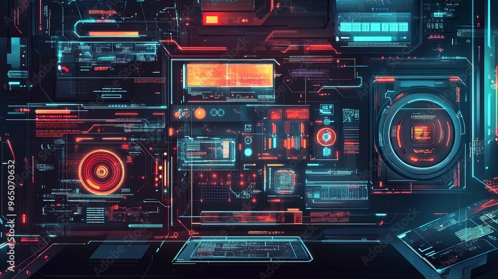 Futuristic Interface with Red and Blue Glowing Displays Futuristic Interface with Red and Blue Glowing Displays
