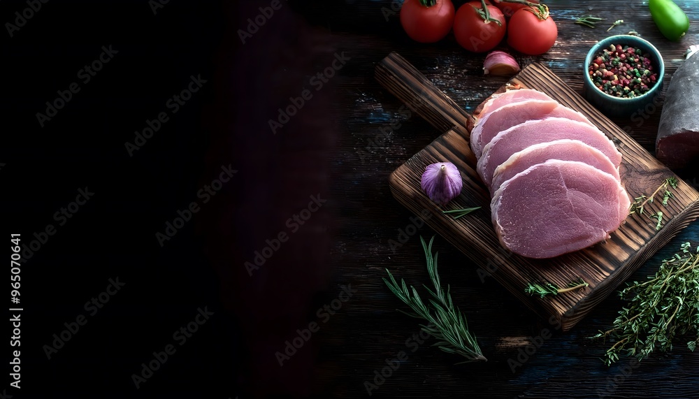 3d render of Wooden cutting board with meat, vegetables and herbs on a wooden table in the kitchen. 3d render of Wooden cutting board with meat, vegetables and herbs on a wooden table in the kitchen.