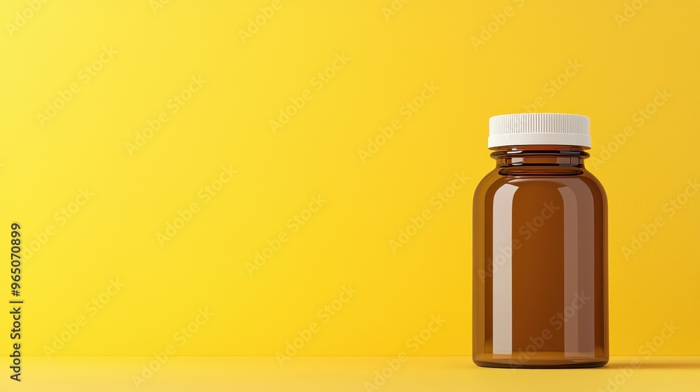 A stylish brown bottle against a vibrant yellow background, perfect for supplement or medication presentations. A stylish brown bottle against a vibrant yellow background, perfect for supplement or medication presentations.