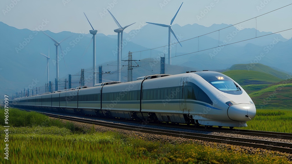 Fototapeta premium A bullet train passing through a countryside with wind turbines in the background