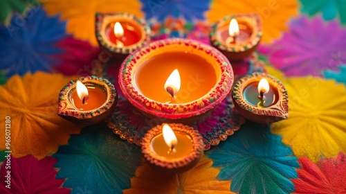 Diwali diya oil lamps with flowers holiday background. Creating a festive and decorative composition.