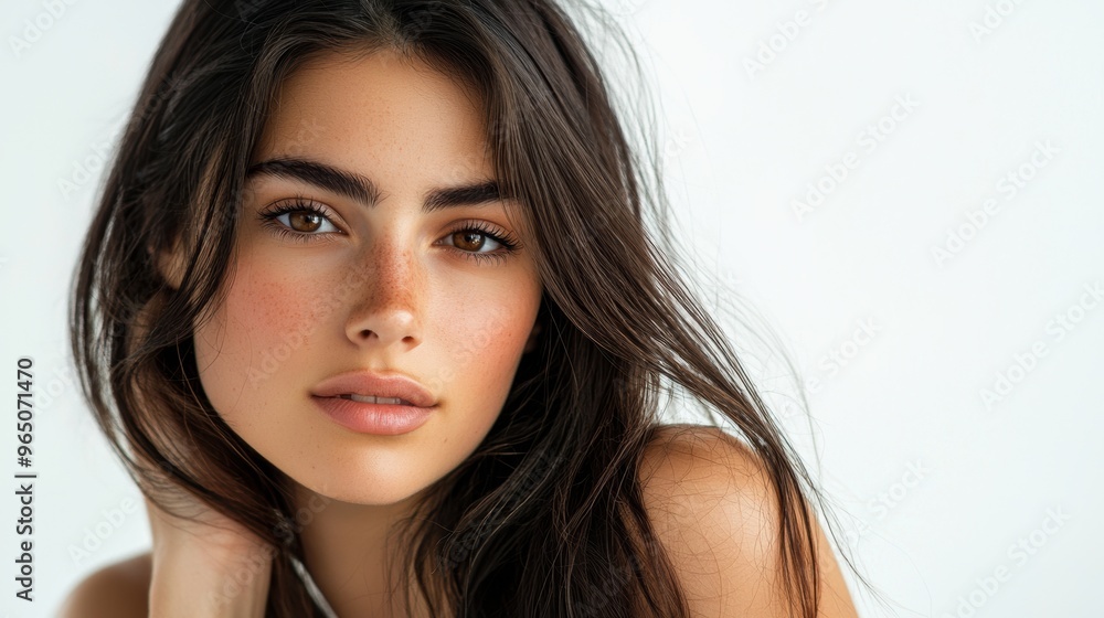 Naklejka premium Captivating Brunette Beauty in Natural Lighting Studio Portrait