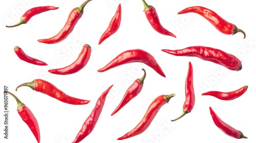 Vibrant Red-Hot Chili Peppers Flying Through the Air on a White Background. Perfect for Food, Culinary, and Spice-Themed Designs