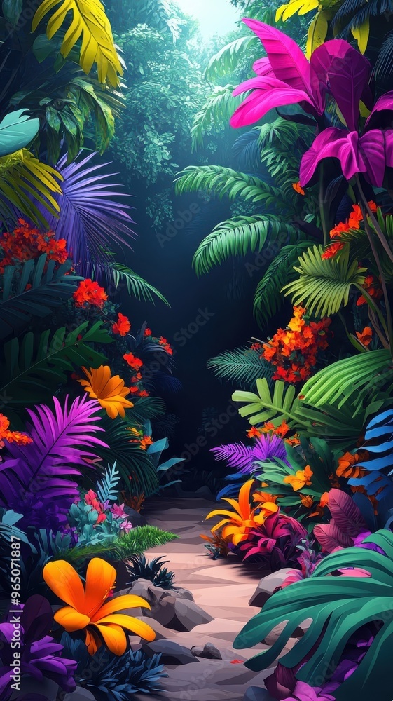 Rainforest in stylized 3D style with bold forms, vivid colors, and a dynamic, realistic depiction of trees, plants, and wildlife. Rainforest in stylized 3D style with bold forms, vivid colors, and a dynamic, realistic depiction of trees, plants, and wildlife.