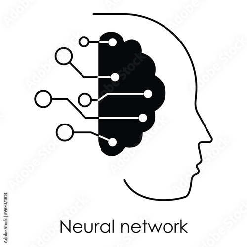 Vector icon for Neural network. A human head with interconnected nodes representing machine learning and artificial intelligence, highlighted in blue tones