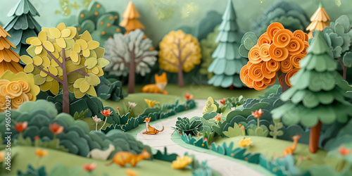 A bizarre forest scene filled with trees, animals and winding paths, all made of paper. photo