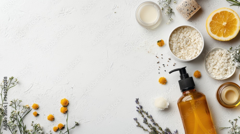 Natural Skincare and Aromatherapy Flat Lay with Essential Oils and Botanical Ingredients Natural Skincare and Aromatherapy Flat Lay with Essential Oils and Botanical Ingredients