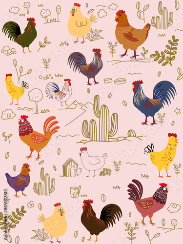 Chicken, hen, rooster pattern hand drawing sketch vector illustration design. Cute lovely poultry farm birds animal design for fabric, textile, wrapping, wallpaper and background.