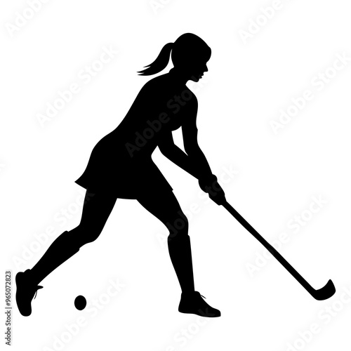 a female field hockey player in action. She is in the middle of a shot, with her body slightly bent forward and her head tilted back