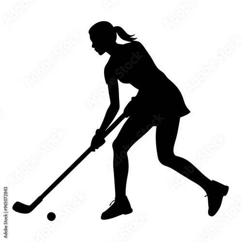 a female field hockey player in action. She is in the middle of a shot, with her body slightly bent forward and her head tilted back