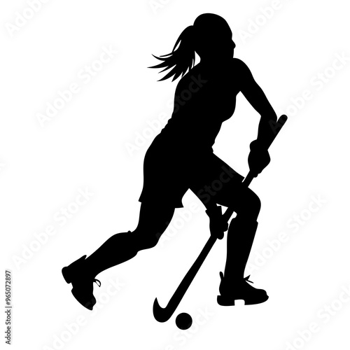 a female field hockey player in action. She is in the middle of a shot, with her body slightly bent forward and her head tilted back